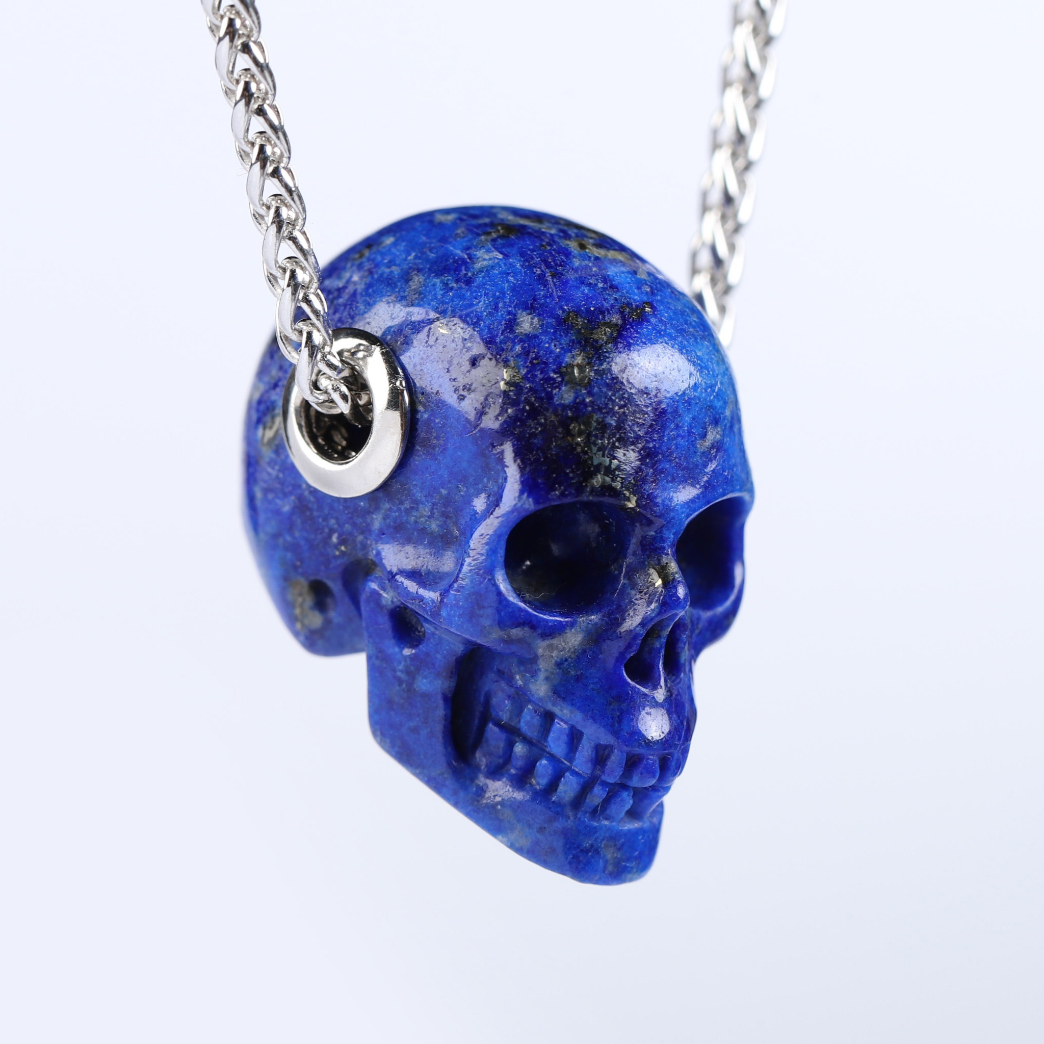 Gemstone Necklace of 1.1" Lapis Lazuli Hand Carved Crystal Skull Pendant, Skull Jewelry