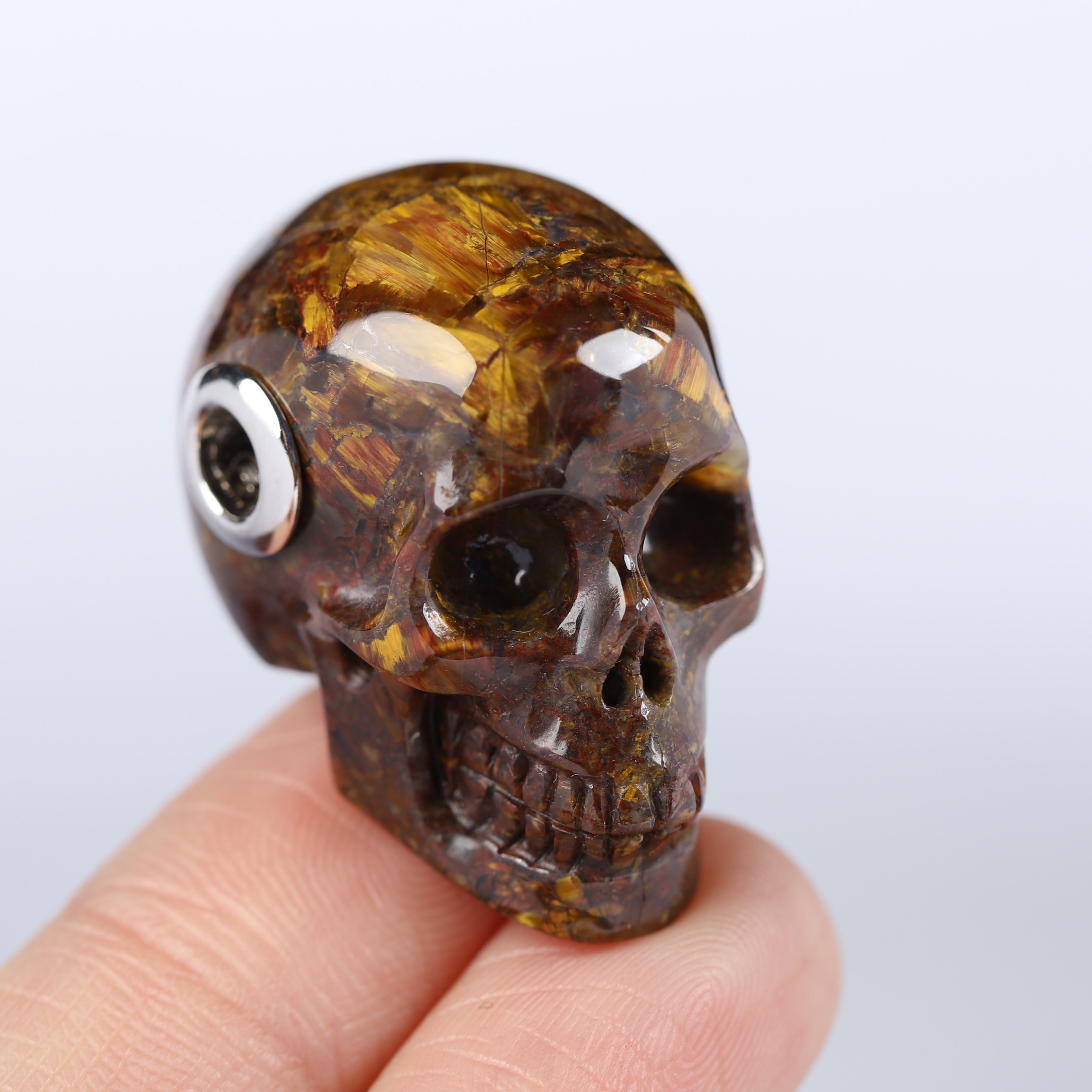 Necklace of 1.1" Pietersite Hand Carved Crystal Skull Pendant, Skull Jewelry