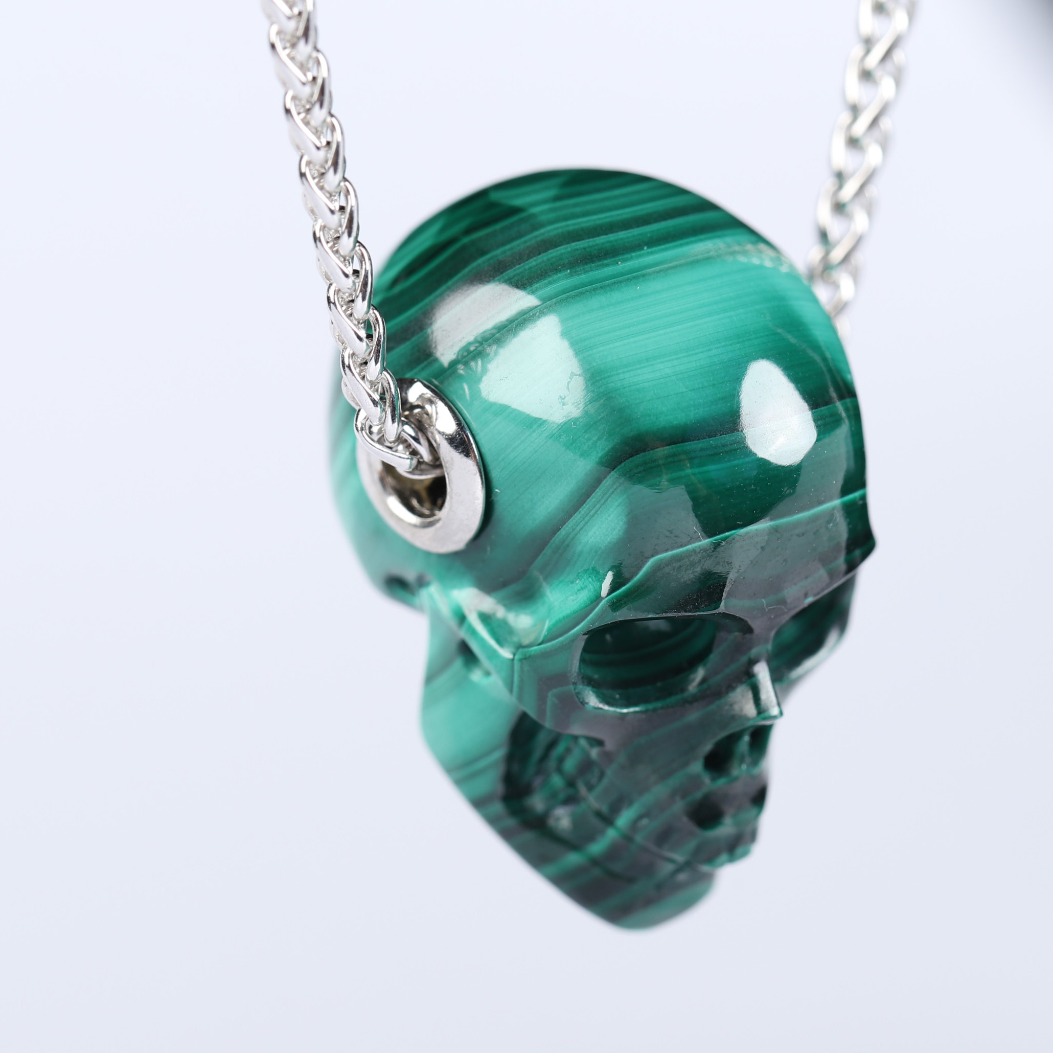 Gemstone Necklace of 1.1" Malachite Hand Carved Crystal Skull Pendant, Skull Jewelry