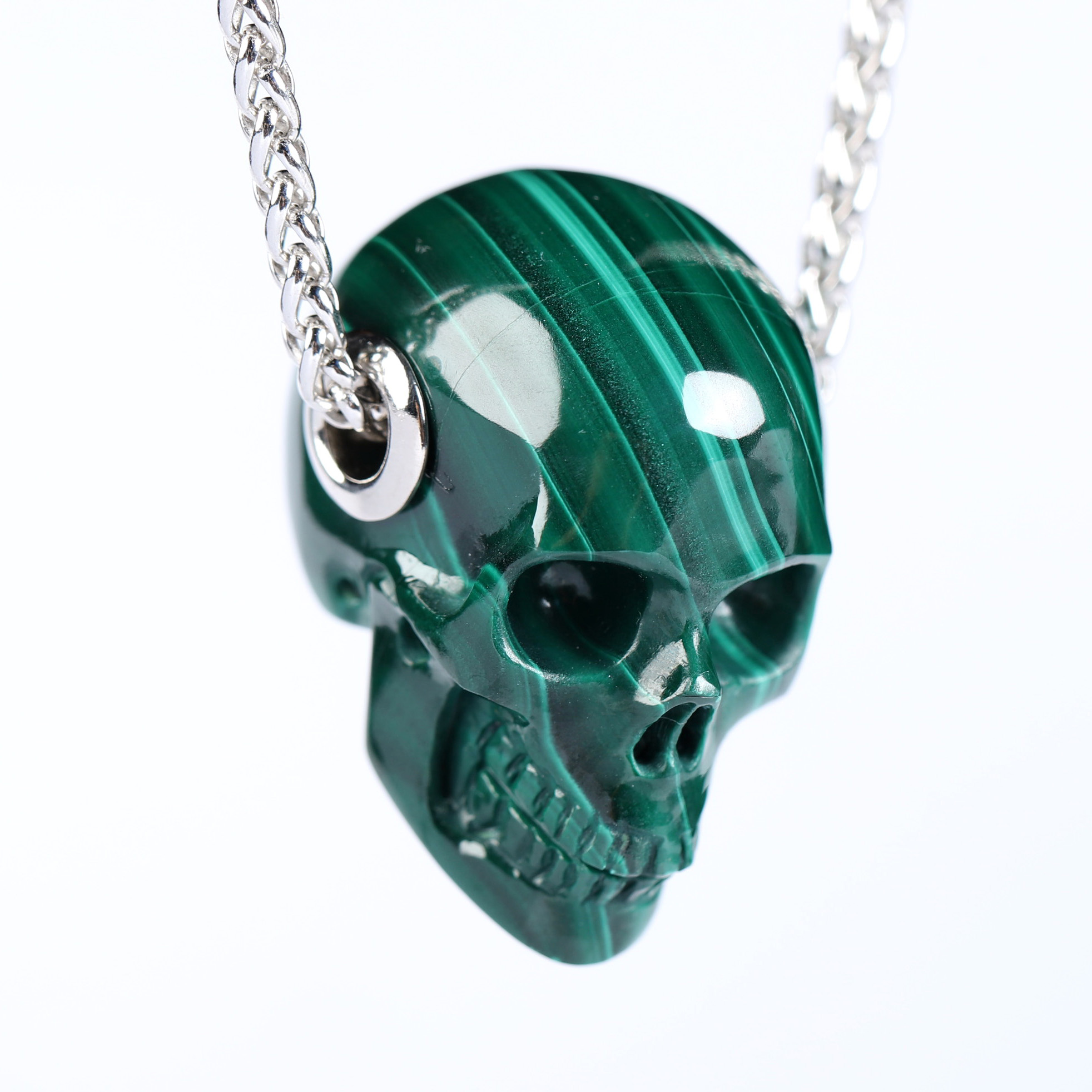Gemstone Necklace of 1.1" Malachite Hand Carved Crystal Skull Pendant, Skull Jewelry