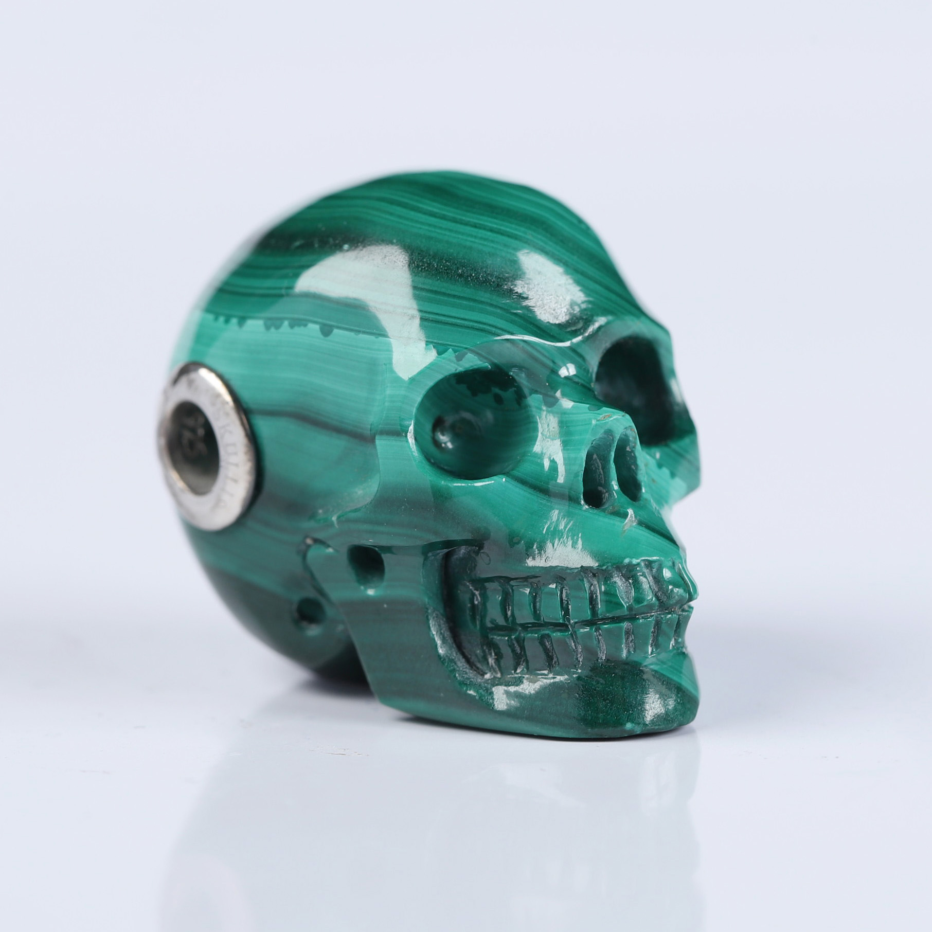 Gemstone Necklace of 1.1" Malachite Hand Carved Crystal Skull Pendant, Skull Jewelry