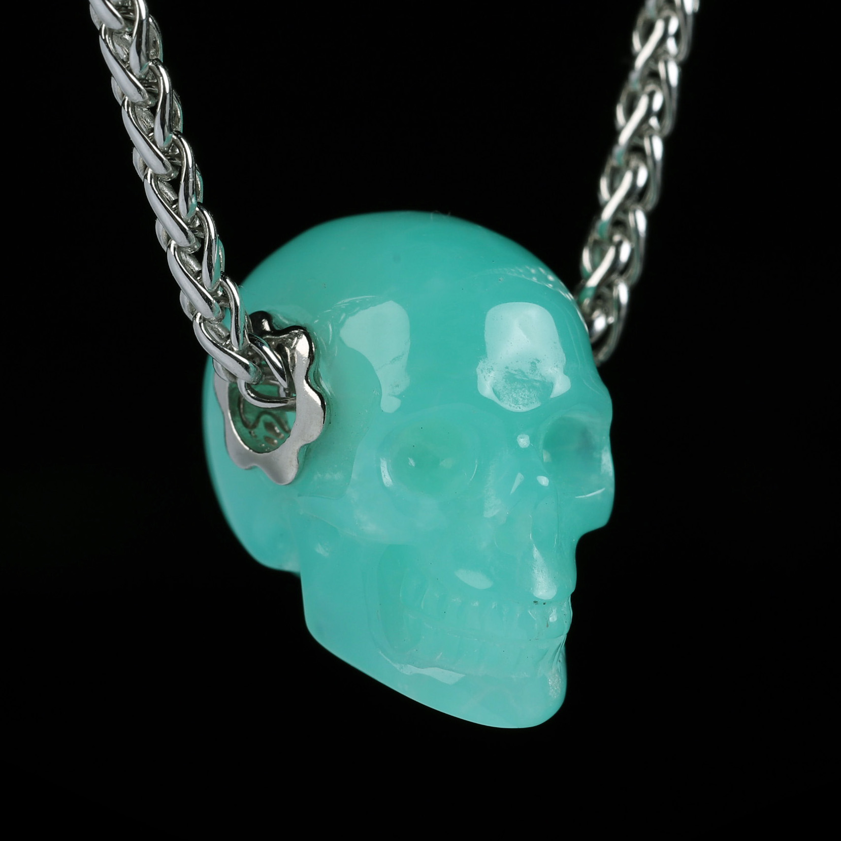 Necklace of 0.7" Top-Quality Chrysoprase Hand Carved Crystal Skull Pendant, Skull Jewelry