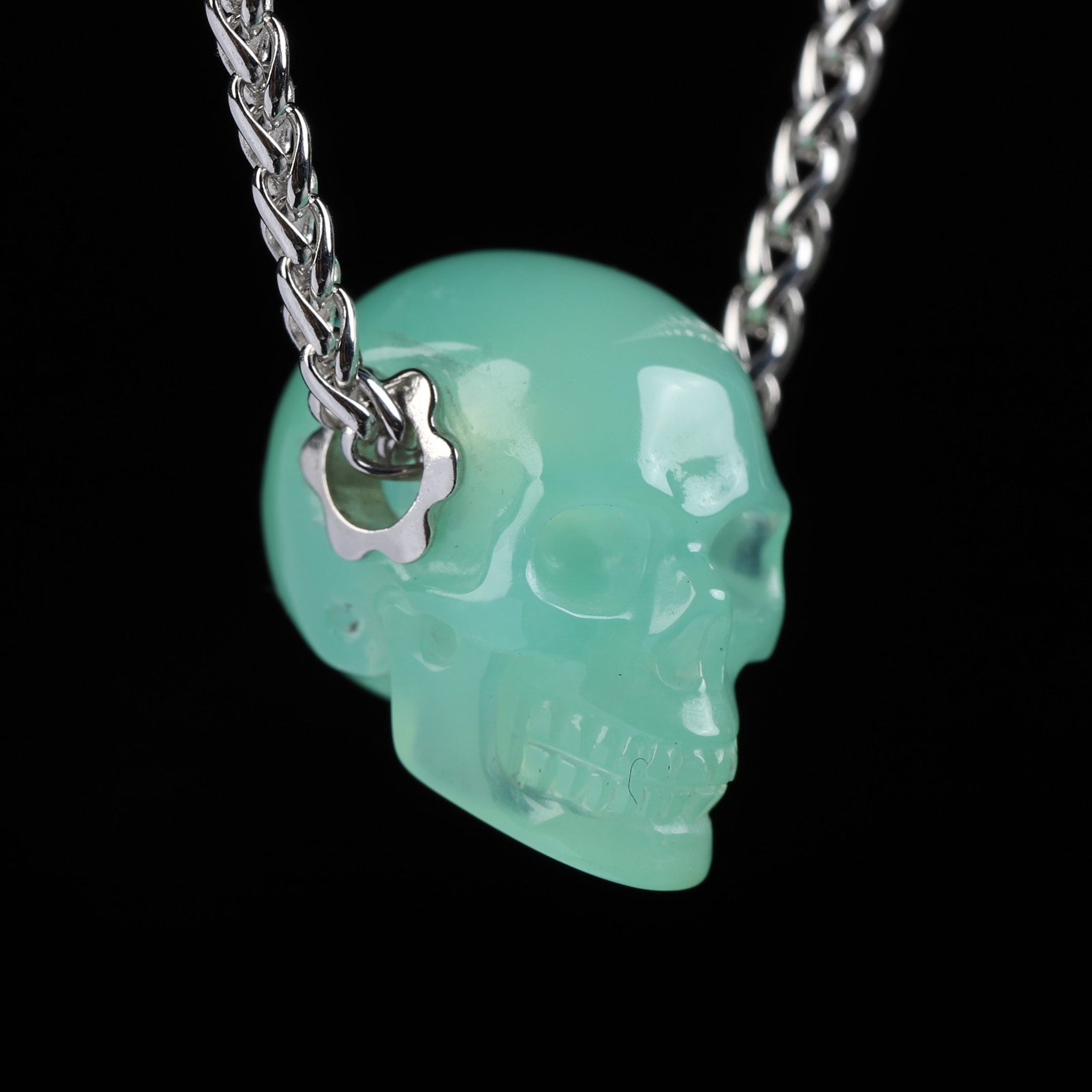 Necklace of 0.7" Chrysoprase Hand Carved Crystal Skull Pendant, Skull Jewelry
