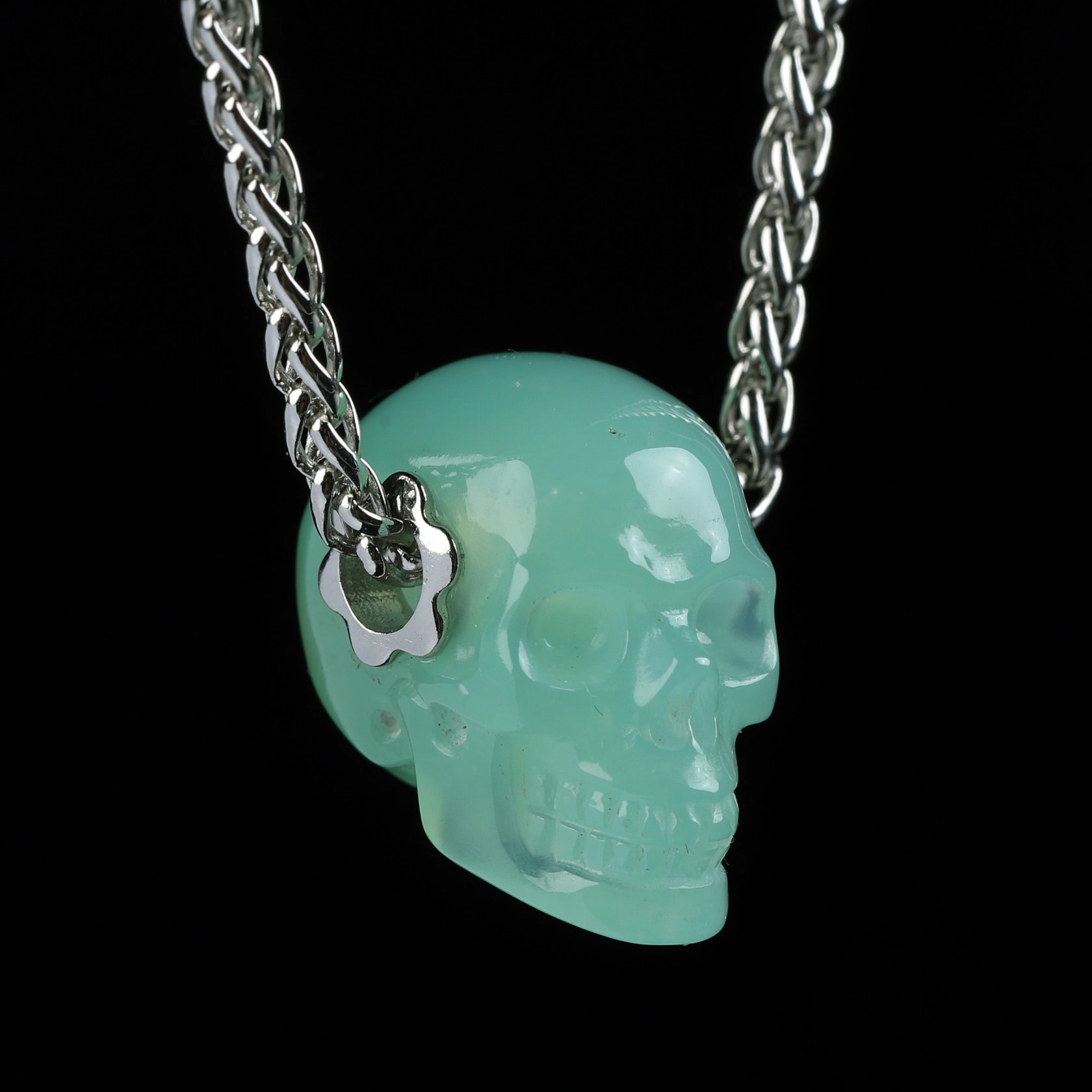 Necklace of 0.7" Chrysoprase Hand Carved Crystal Skull Pendant, Skull Jewelry