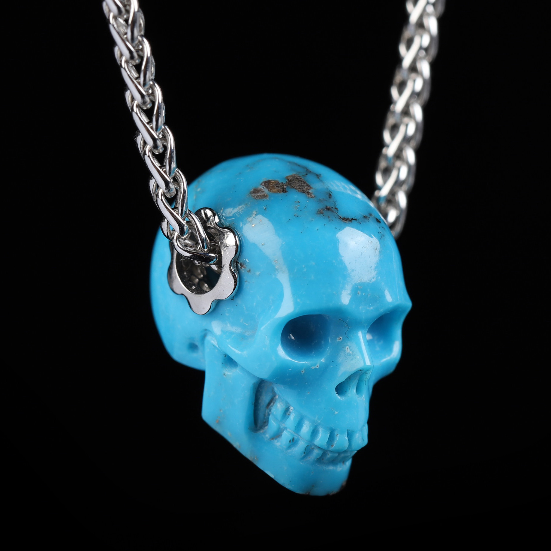 Gemstone Necklace of 0.7" Turquoise Hand Carved Crystal Skull Pendant, Skull Jewelry