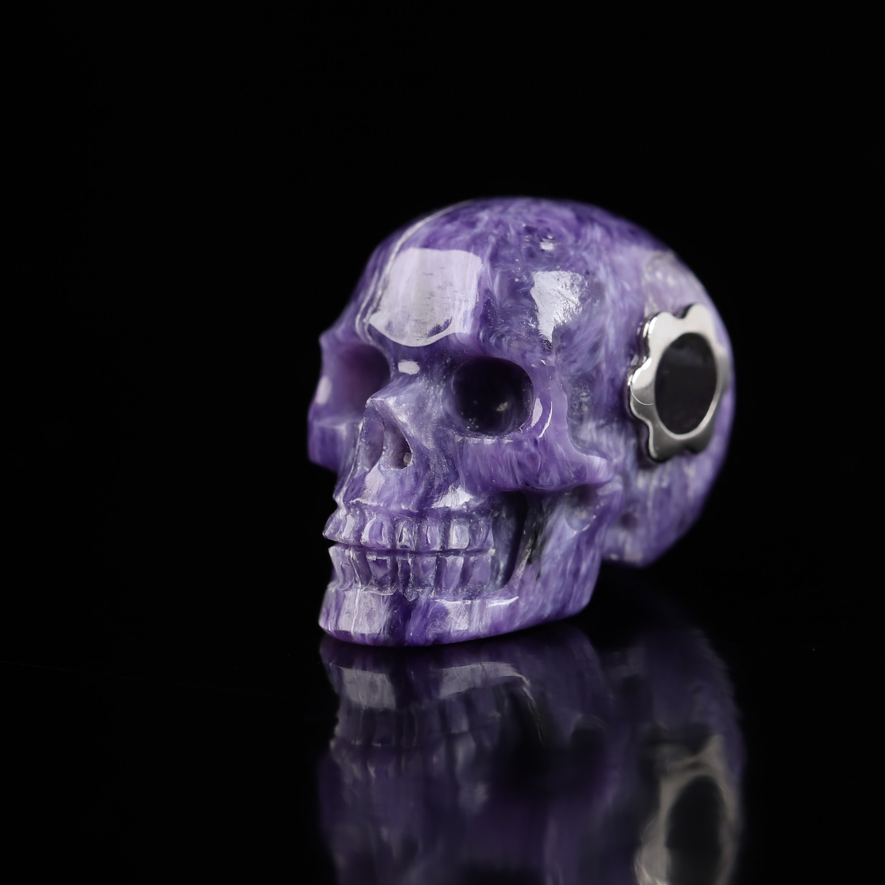 Gemstone Necklace of 0.7" Russian Charoite Hand Carved Crystal Skull Pendant, Skull Jewelry