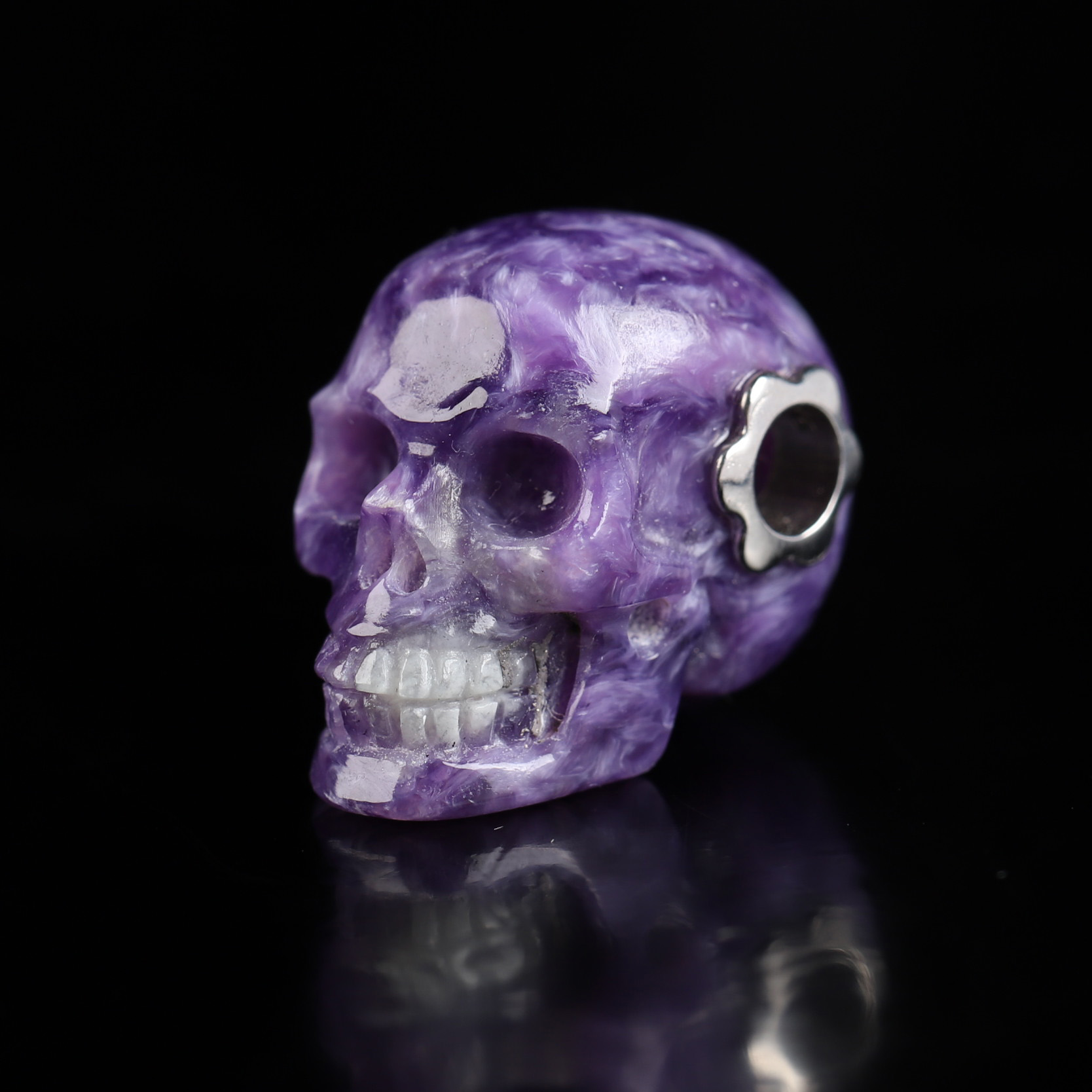 Gemstone Necklace of 0.7" Russian Charoite Hand Carved Crystal Skull Pendant, Skull Jewelry