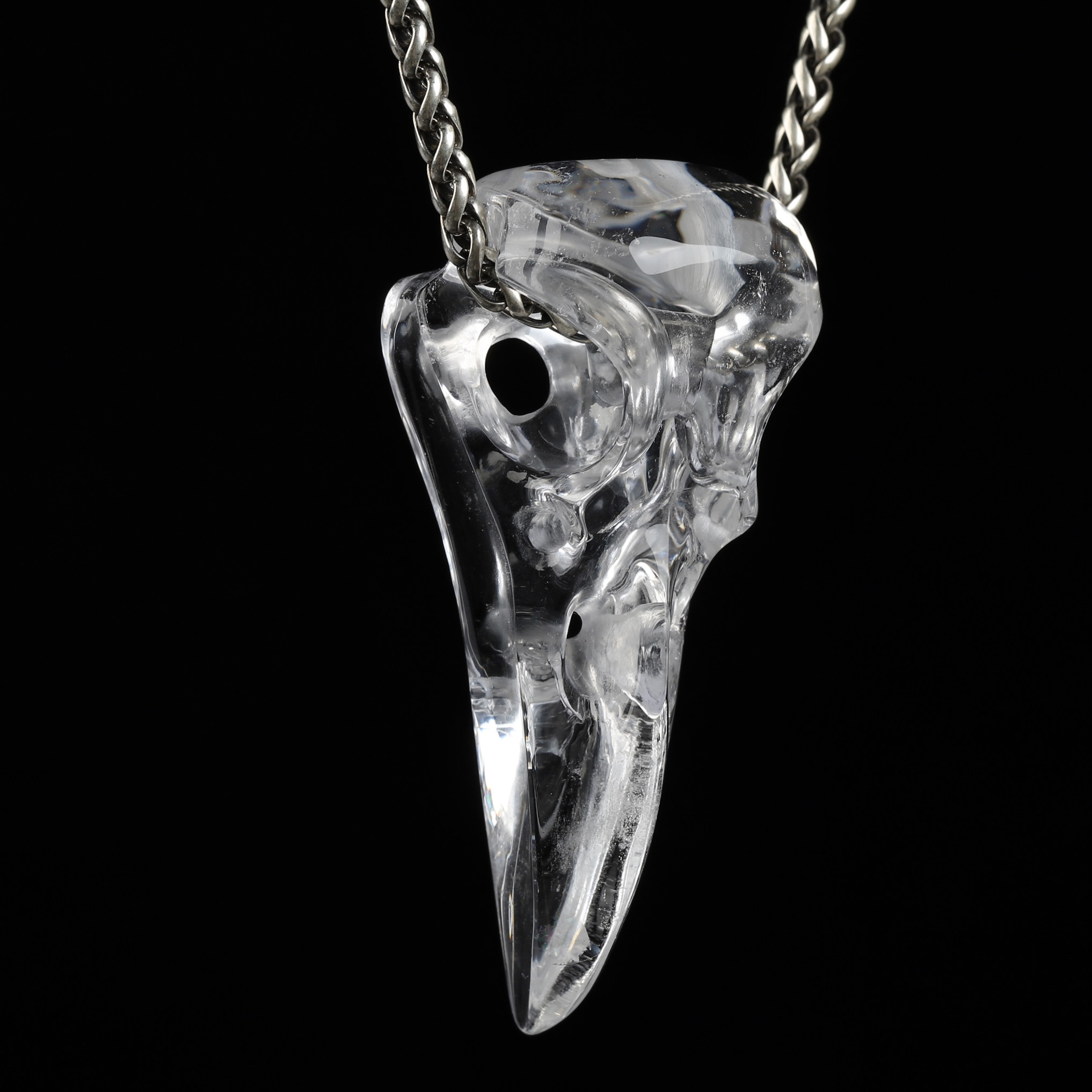 Necklace of 2.3" Quartz Rock Crystal Hand Carved Crystal Skull Pendant, Skull Jewelry