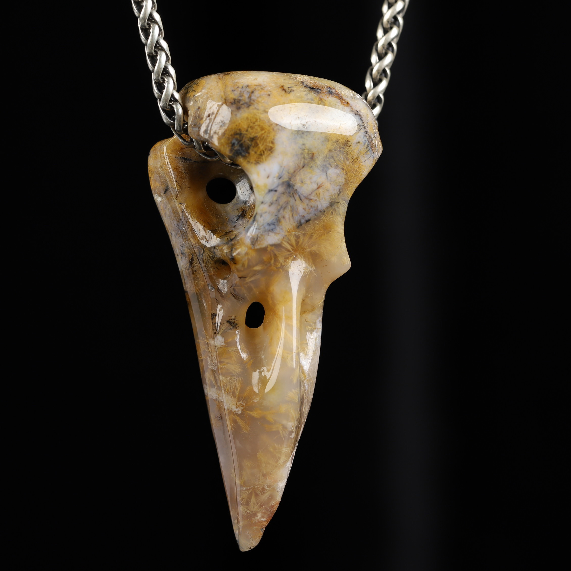 Necklace of 2.3" Sagenitic Agate Hand Carved Crystal Skull Pendant, Skull Jewelry