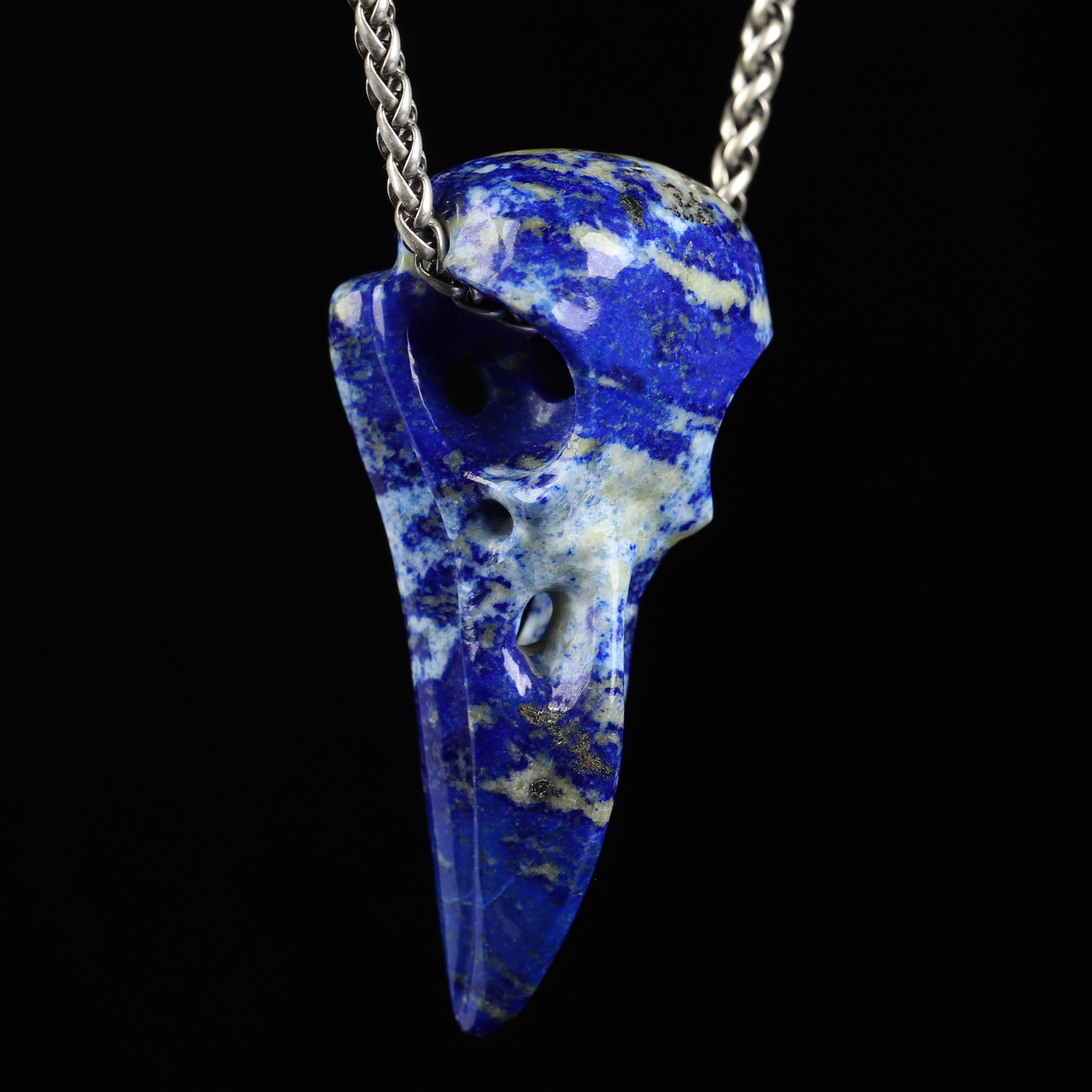 Necklace of 2.3" Lapis Lazuli Hand Carved Crystal Skull Pendant, Skull Jewelry