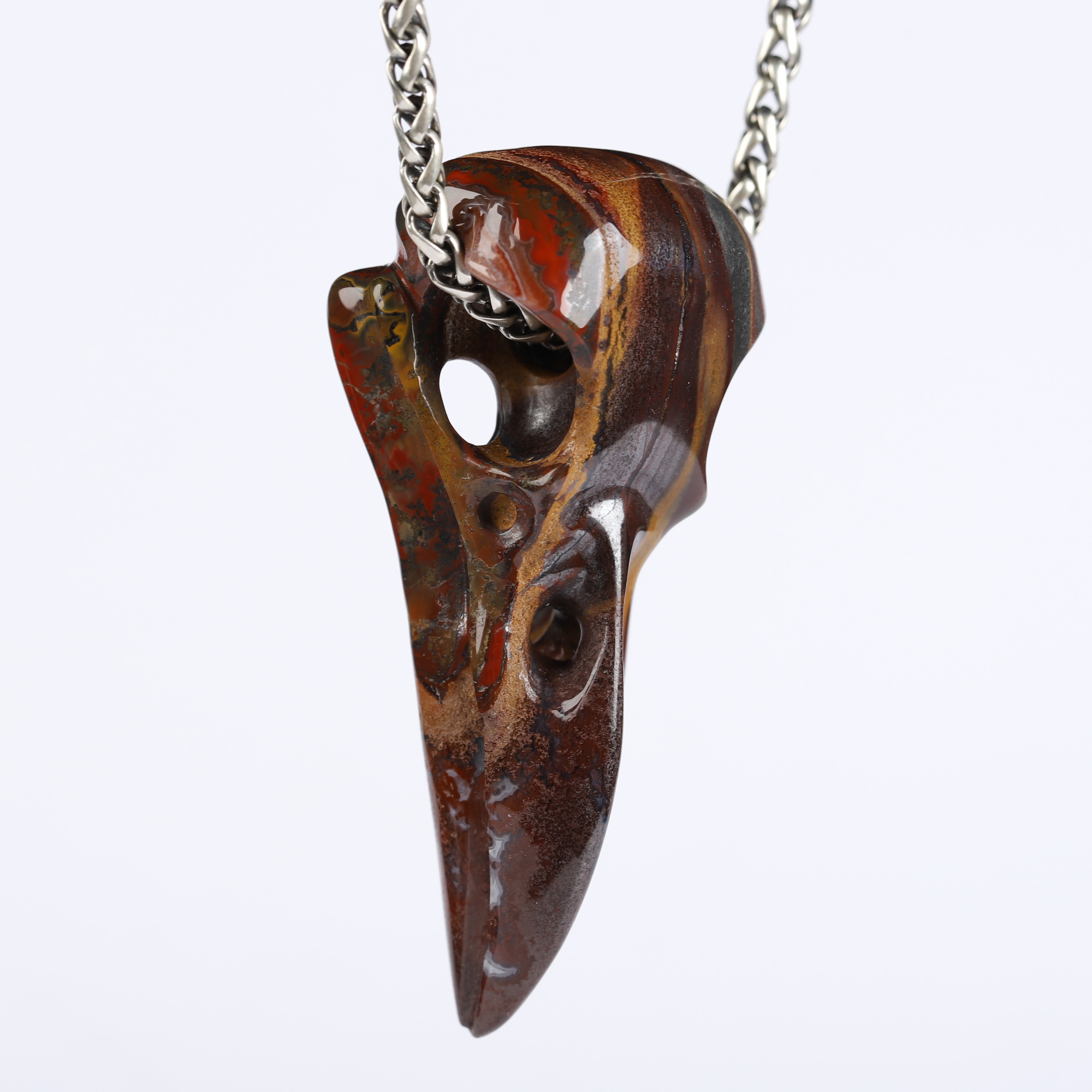 Necklace of 2.3" Colorful Tiger Iron Eye Hand Carved Crystal Skull Pendant, Skull Jewelry