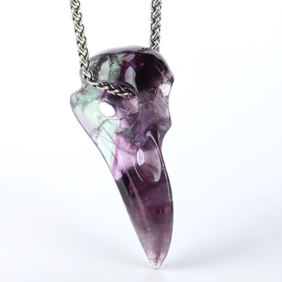 Necklace of 2.3" Fluorite Hand Carved Crystal Skull Pendant, Skull Jewelry