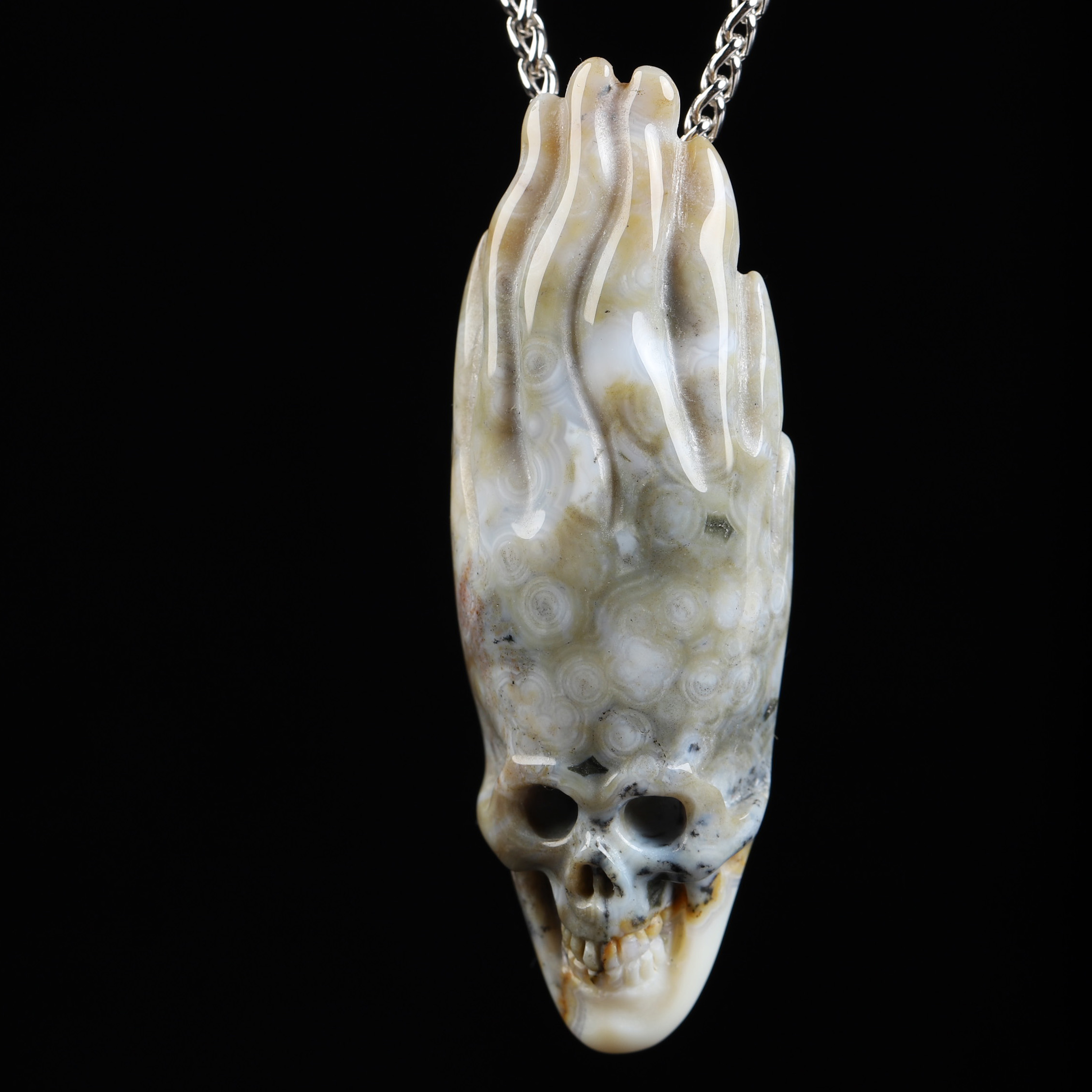 Necklace of 2.6" Ocean Jasper Hand Carved Crystal Skull Pendant, Skull Jewelry