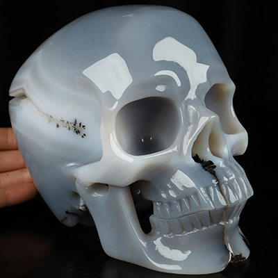 Super Realistic! Lifesized 6.7" Gray & White Agate Hand Carved Crystal Skull, Crystal Healing
