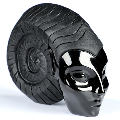 5.0" Frosted Black Obsidian Hand Carved Fairy Elf Alien Ammonite Crystal Skull Companion Sculpture, Crystal Healing