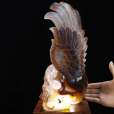 11.4" Premium Brazilian Agate Hand Carved Crystal Skull and Wing Fine Art Sculpture with Led Stand, Crystal Healing