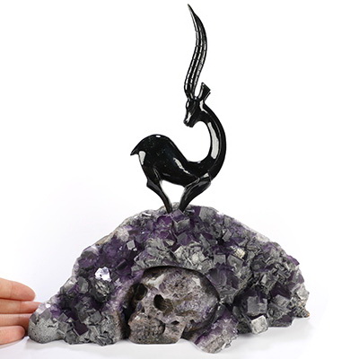 9.6" Fluorite Cube Hand Carved Crystal Skull and Antelope Fine Art Sculpture, Crystal Healing