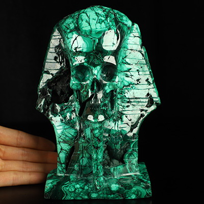 Gemstone 7.0" Malachite Hand Carved Pharaoh Crystal Skull Sculpture,Crystal Healing