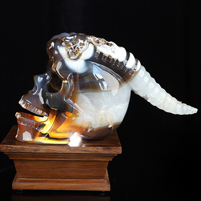 9.4" Premium Brazilian Agate Hand Carved Horned Singing Crystal Skull Sculpture, Crystal Healing