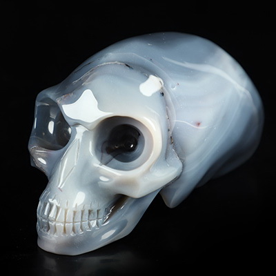 5.9" Gray & White Agate Hand Carved Crystal Elongated Mayan Alien Skull Sculpture, Crystal Healing