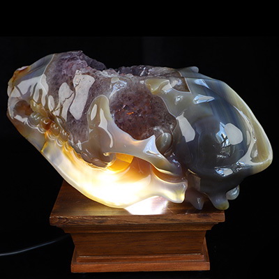 10.5" Agate Amethyst Geode Hand Carved Wolf Crystal Skull Sculpture, Crystal Healing