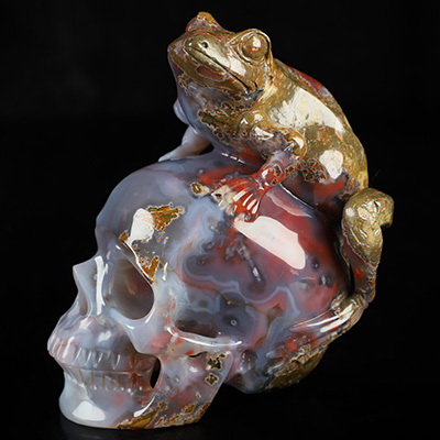 Gemstone 4.8" Mozambique Agate Hand Carved Crystal Skull and Frog Fine Art Sculpture, Crystal Healing