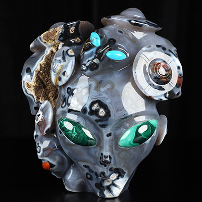 The Alien Planet! 8.7" Premium Brazilian Agate Hand Carved Crystal Skull Sculpture, Crystal Healing