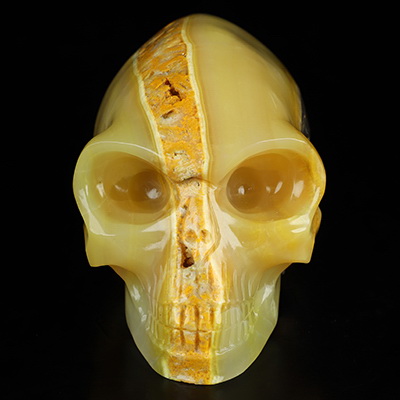 Gemstone 6.1" Bumble Bee Jasper Hand Carved Crystal Elongated Mayan Alien Skull Sculpture, Crystal Healing