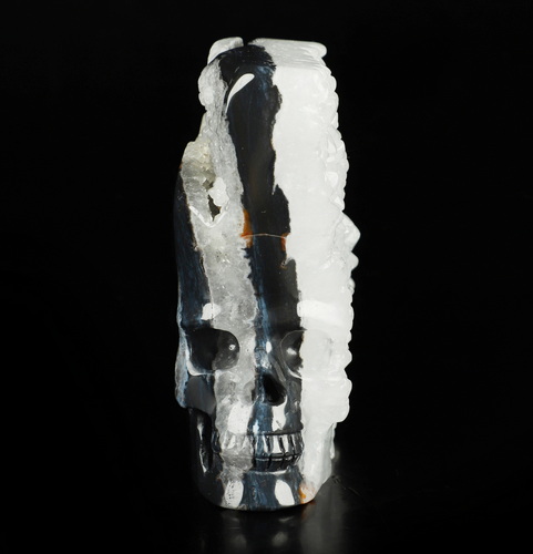 4.1" Black Zebra Agate Hand Carved Crystal Skull Fine Art Sculpture, Crystal Healing