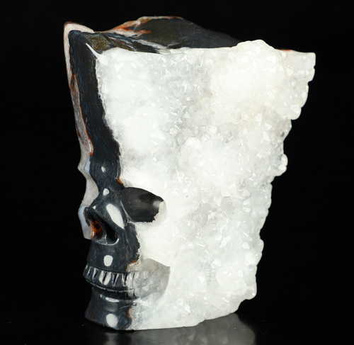 4.3" Black Zebra Agate Geode Hand Carved Crystal Skull Fine Art Sculpture, Crystal Healing