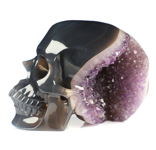 5.1" Agate Amethyst Geode Hand Carved Crystal Skull, Super Realistic, Crystal Healing