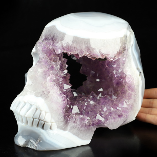 Lifesized 8.2" Agate Amethyst Geode Hand Carved Crystal Skull, Crystal Healing