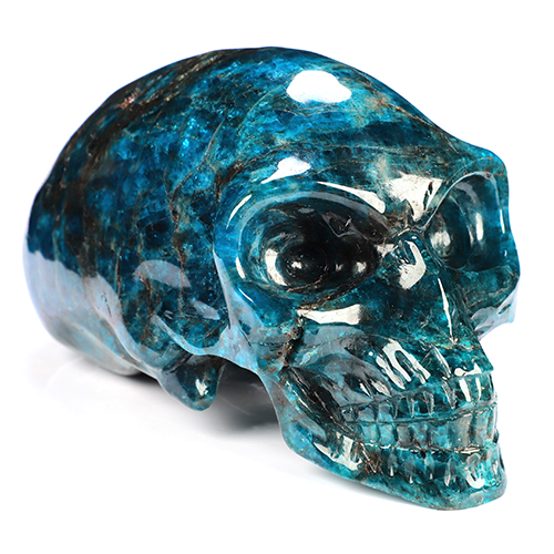 7.1" Blue Apatite Hand Carved Crystal Elongated Mayan Alien Skull Sculpture, Crystal Healing