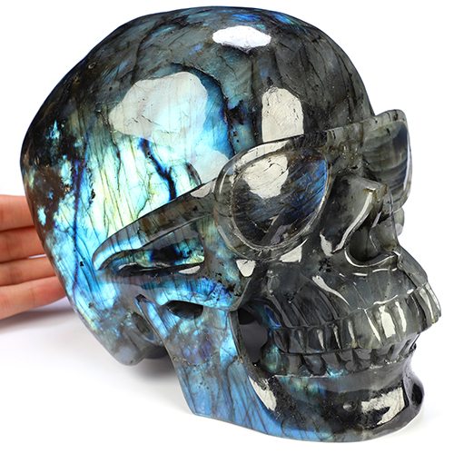 Amazing 7.9" Flash Labradorite Hand Carved Crystal Skull Fine Art Sculpture, Crystal Healing