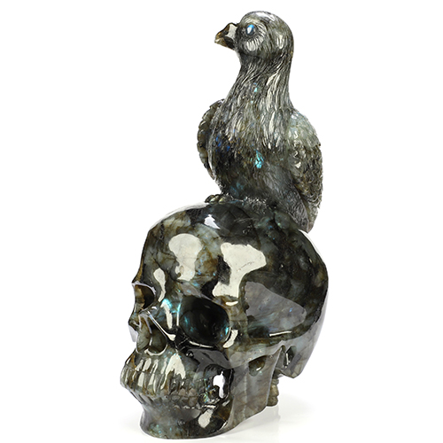8.6" Labradorite Hand Carved Crystal Skull and Pigeon Fine Art Sculpture, Crystal Healing