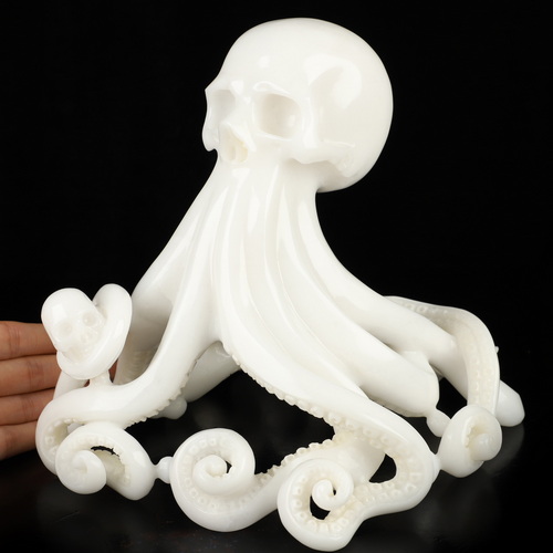 8.5" White Jade Hand Carved Nautiloid Cthulhu Crystal Skull Sculpture, Crystal Healing