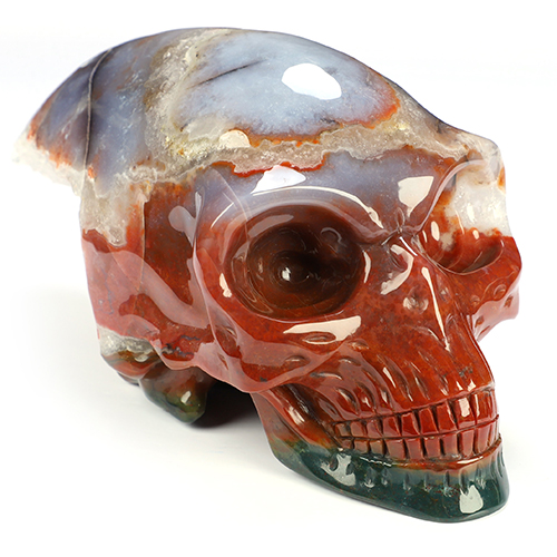 6.5" Indian Agate Hand Carved Crystal Elongated Mayan Alien Skull Sculpture, Crystal Healing