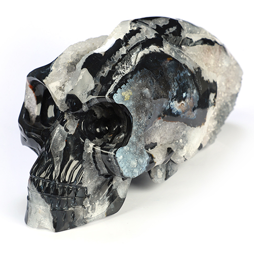 7.1" Black Zebra Agate Hand Carved Crystal Elongated Mayan Alien Skull Sculpture, Crystal Healing