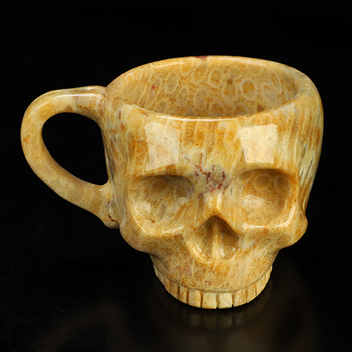 3.0" Coral Fossil Hand Carved Crystal Skull Espresso Cup, 2 OZ, Crystal Healing