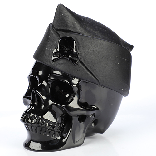 5.0" Black Obsidian Hand Carved Crystal Skull and Navy Cap Fine Art Sculpture, Crystal Healing