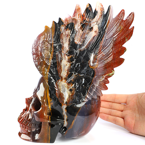 9.1" Black Zebra Agate Hand Carved Crystal Skull and Wing Sculpture, Crystal Healing