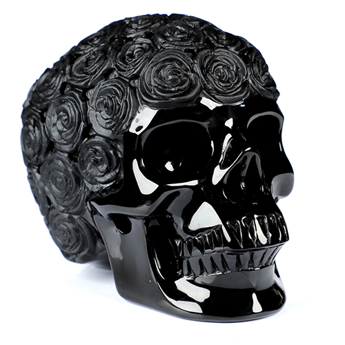 5.1" Black Obsidian Hand Carved Rose Crystal Skull Sculpture, Crystal Healing