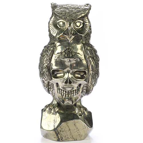 7.8" Pyrite Hand Carved Crystal Skull and Owl Sculpture, Crystal Healing