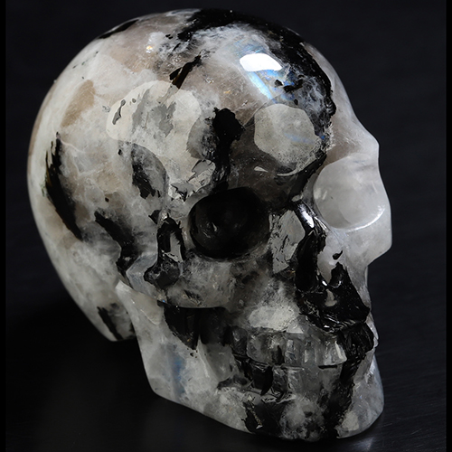 1.5" Black Tourmaline and Moonstone Hand Carved Crystal Skull, Realistic, Crystal Healing