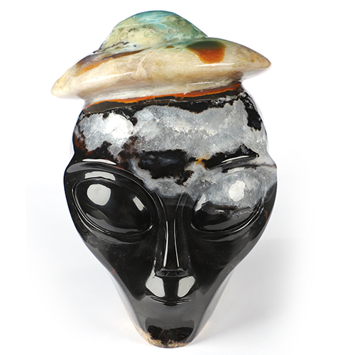 5.6" Black Zebra Agate Star Being Female Alien Crystal Skull and UFO Companion, Hand Carved Gemstone Fine Art Sculpture, Reiki Healing Stone Statue