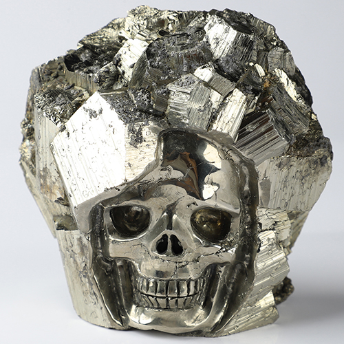 3.0" Pyrite Hand Carved Crystal Skull Fine Art Sculpture, Crystal Healing