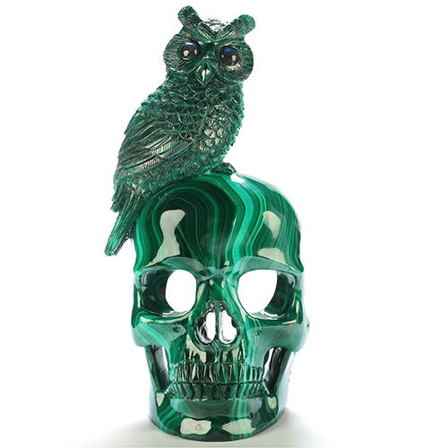 Gemstone 12.4" Malachite Hand Carved Crystal Skull and Owl Sculpture, Crystal Healing