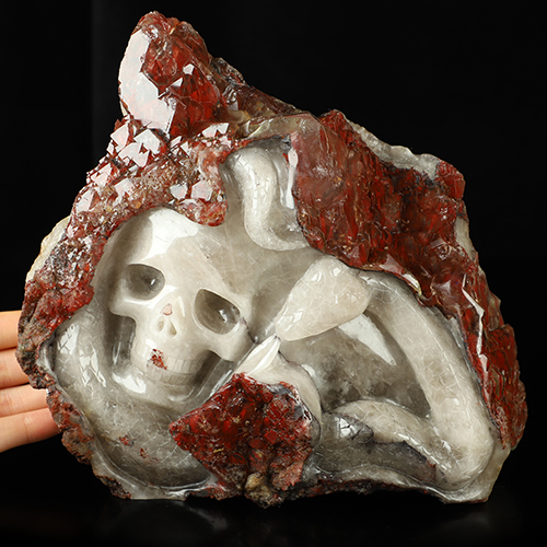 7.9" Red Quartz Hand Carved Crystal Skull and Snake Fine Art Sculpture, Crystal Healing