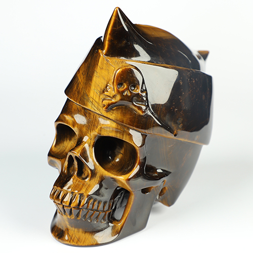 5.0" Gold Tiger's Eye Hand Carved Crystal Skull and Navy Cap Fine Art Sculpture, Crystal Healing