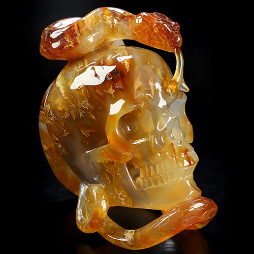 Amazing 6.7" Carnelian Hand Carved Crystal Skull and Snake Sculpture, Crystal Healing